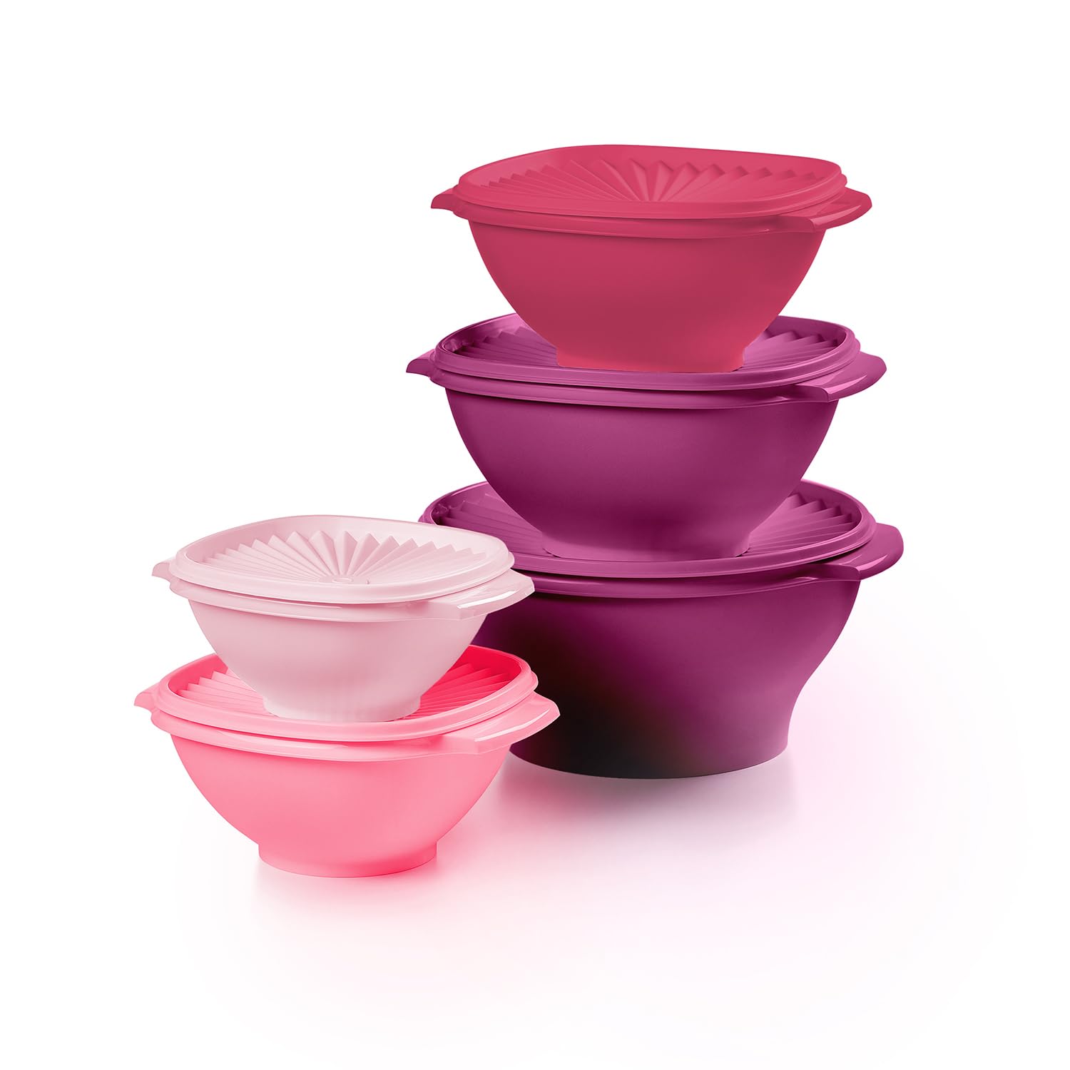 Tupperware front view showing vintage pink bowls and lids, neat storage benefit