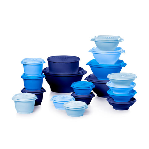 Tupperware front packaging showing the full 36-piece vintage blue set and organized presentation