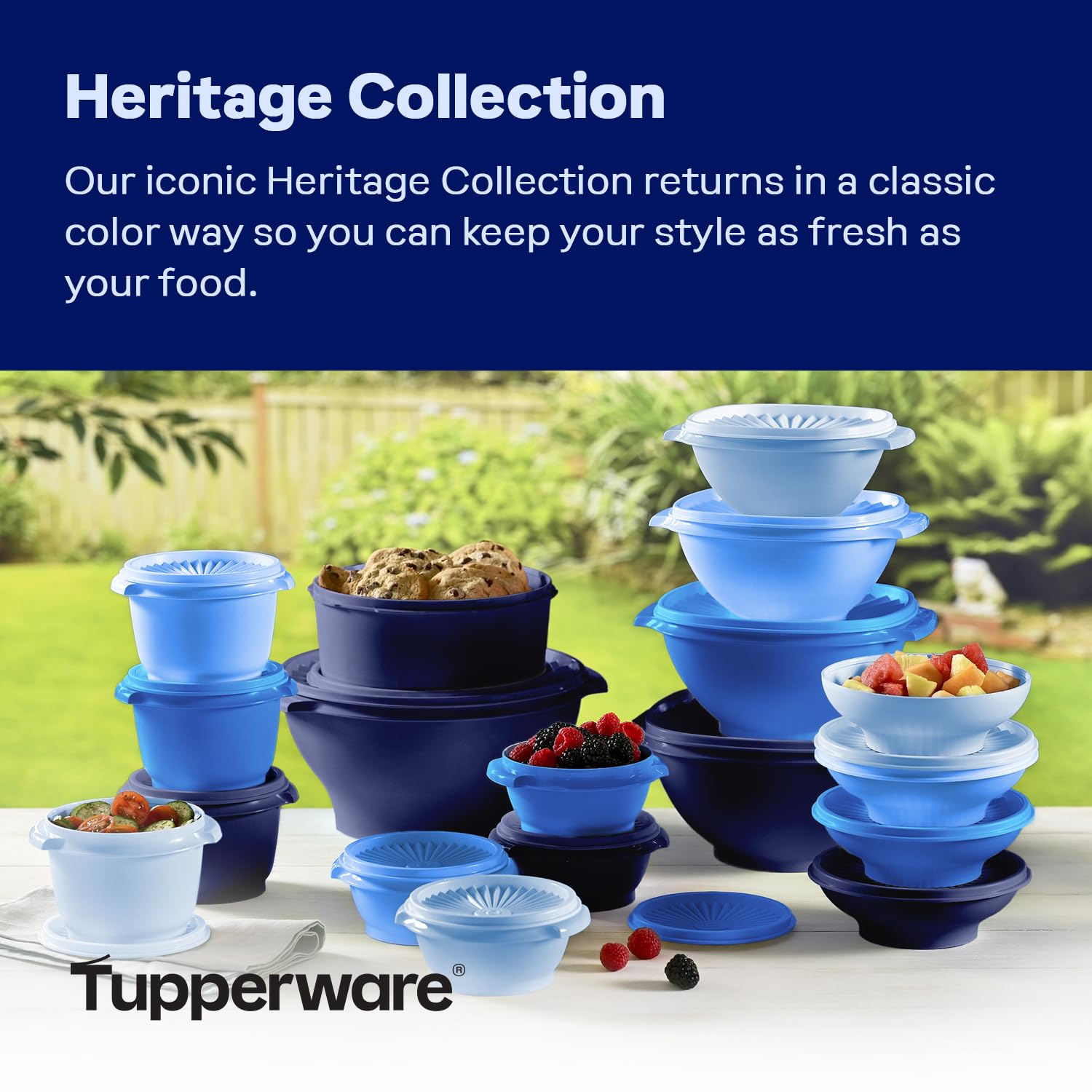 Tupperware nesting containers stacked to save cabinet space and simplify storage