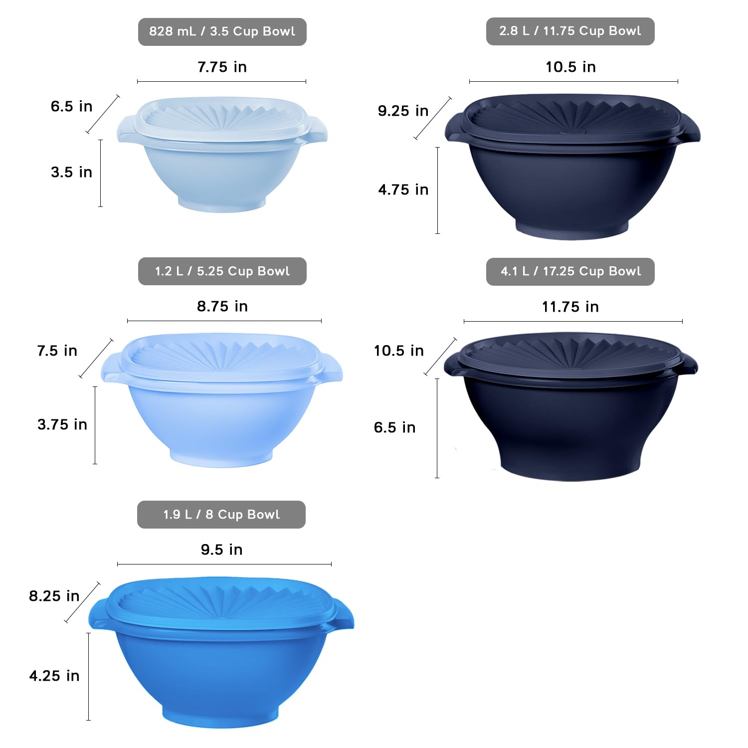 Tupperware containers laid out by size to show capacity range and portion options