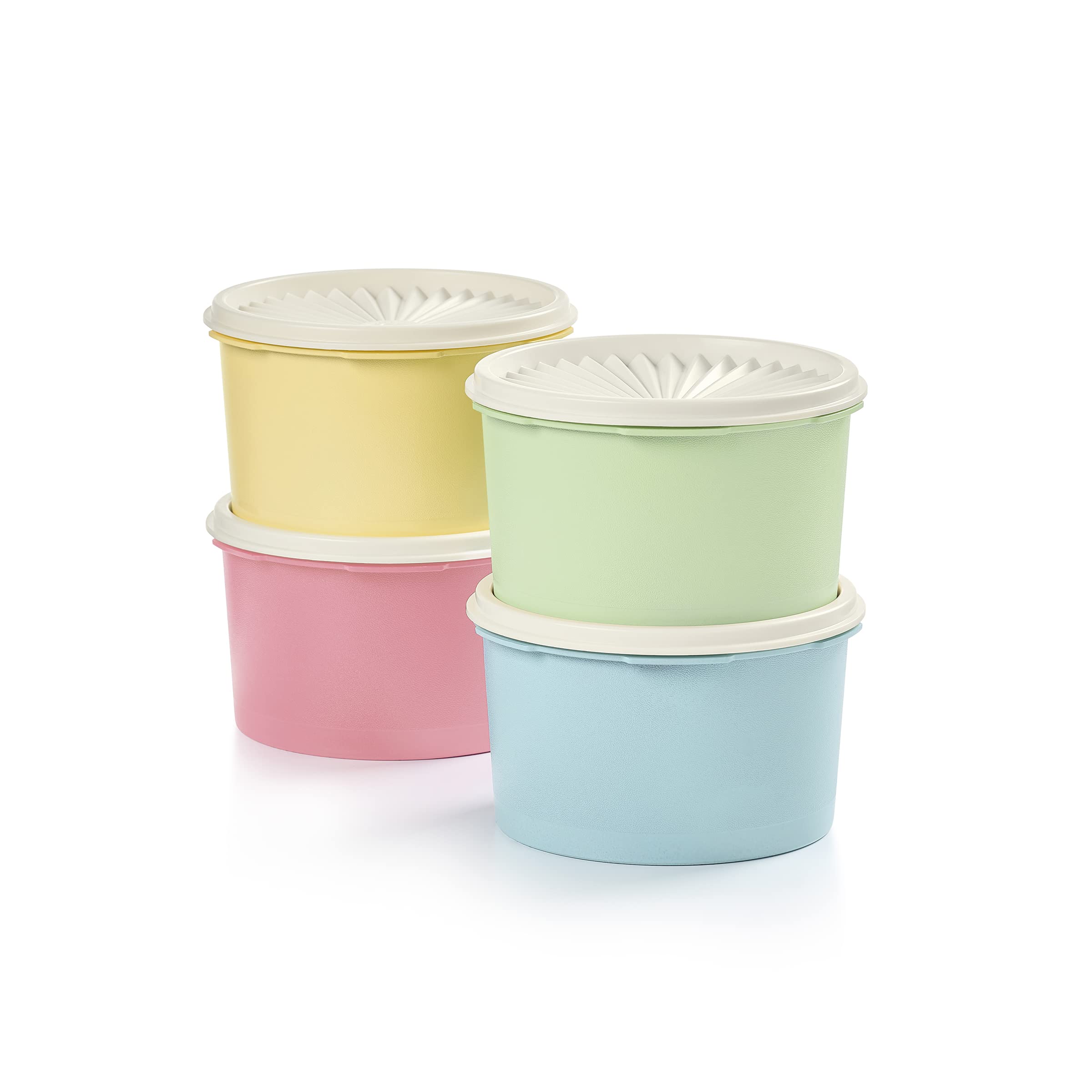 Tupperware front view showing pastel canister set and clear organized storage benefit