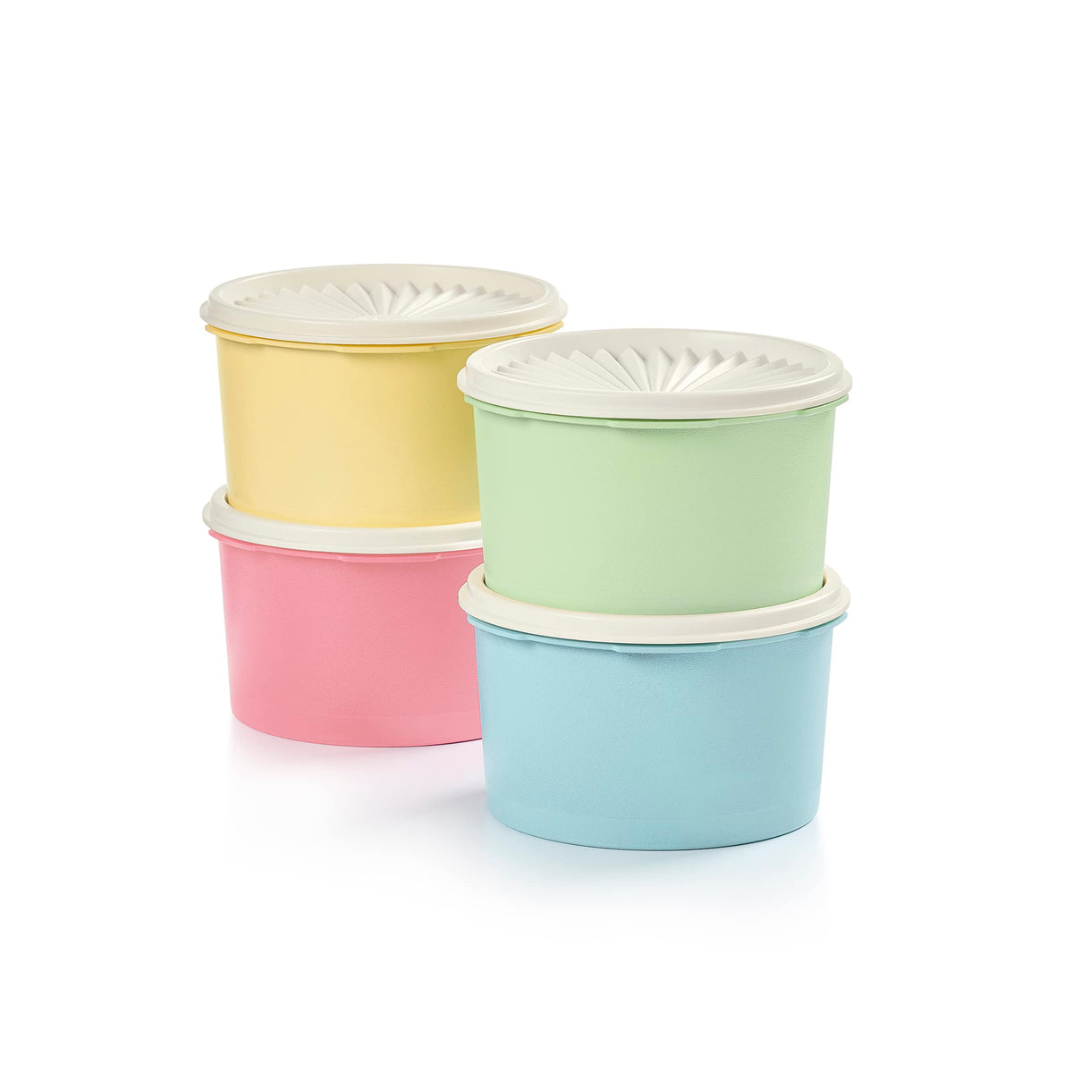 Tupperware front view showing pastel canister set and clear organized storage benefit