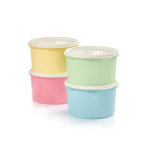 Tupperware front view showing pastel canister set and clear organized storage benefit