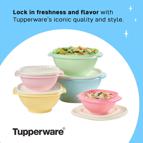 Tupperware bowls on kitchen counter holding prepared salad, convenient serving