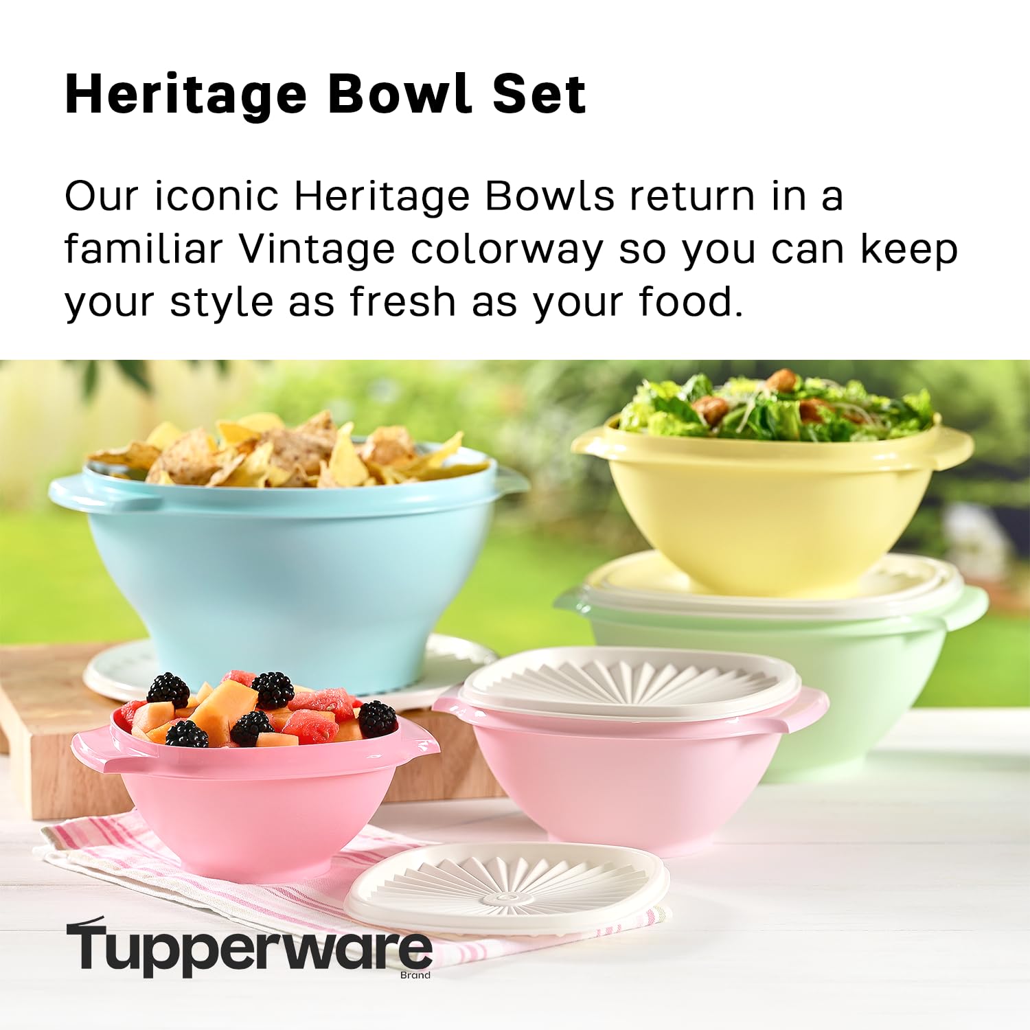 Tupperware bowls nesting together to save cabinet space, space-saving benefit