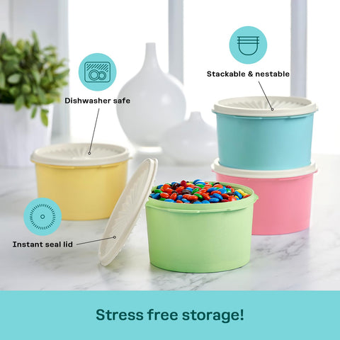 Open Tupperware canister with ingredients inside showing quick-access organization benefit