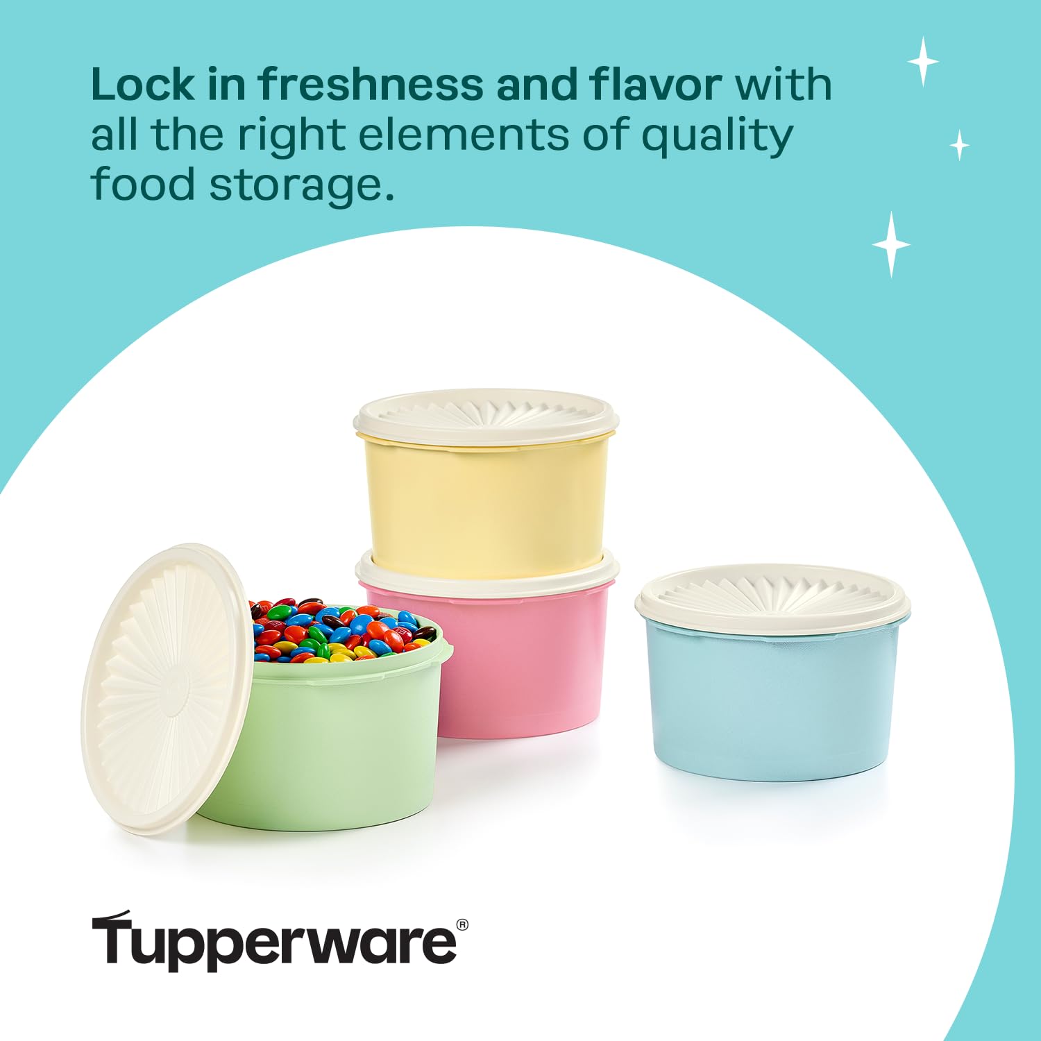 Hand holding a Tupperware canister showing portable size and everyday convenience benefit