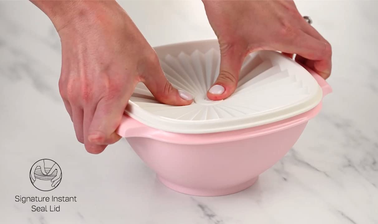 Tupperware bowl beside fruit for scale, shows practical size for meals