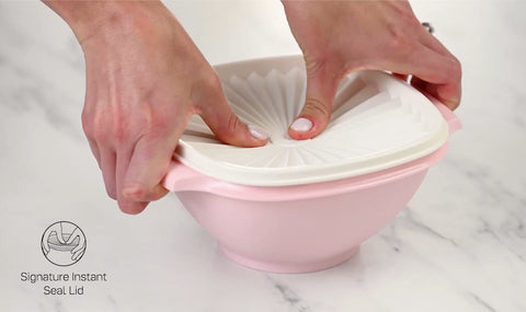 Tupperware bowl beside fruit for scale, shows practical size for meals