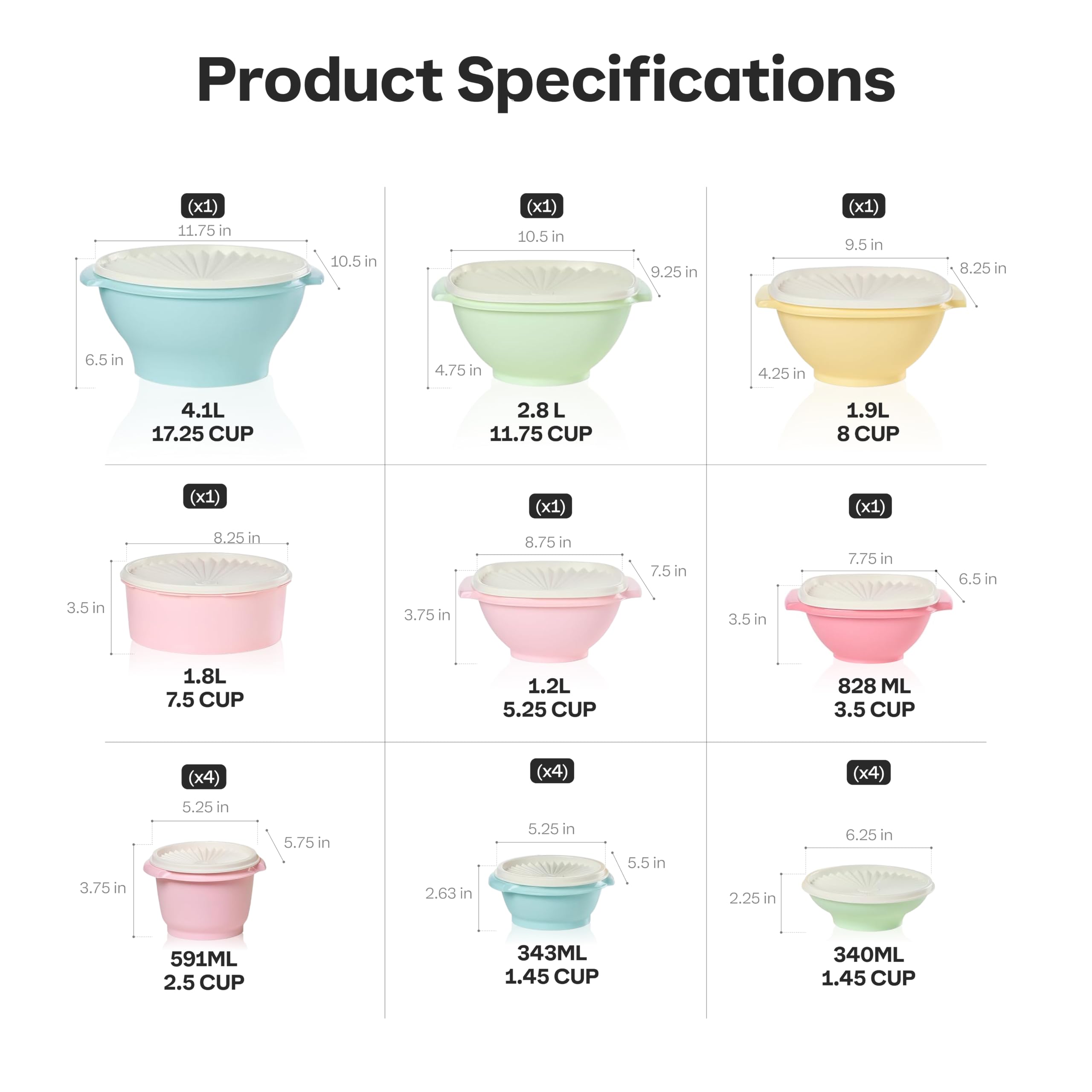 Tupperware size scale comparison next to utensils to show capacity and fit