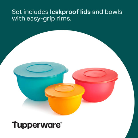 Tupperware Impressions stacked nested bowls demonstrating space-saving storage advantage