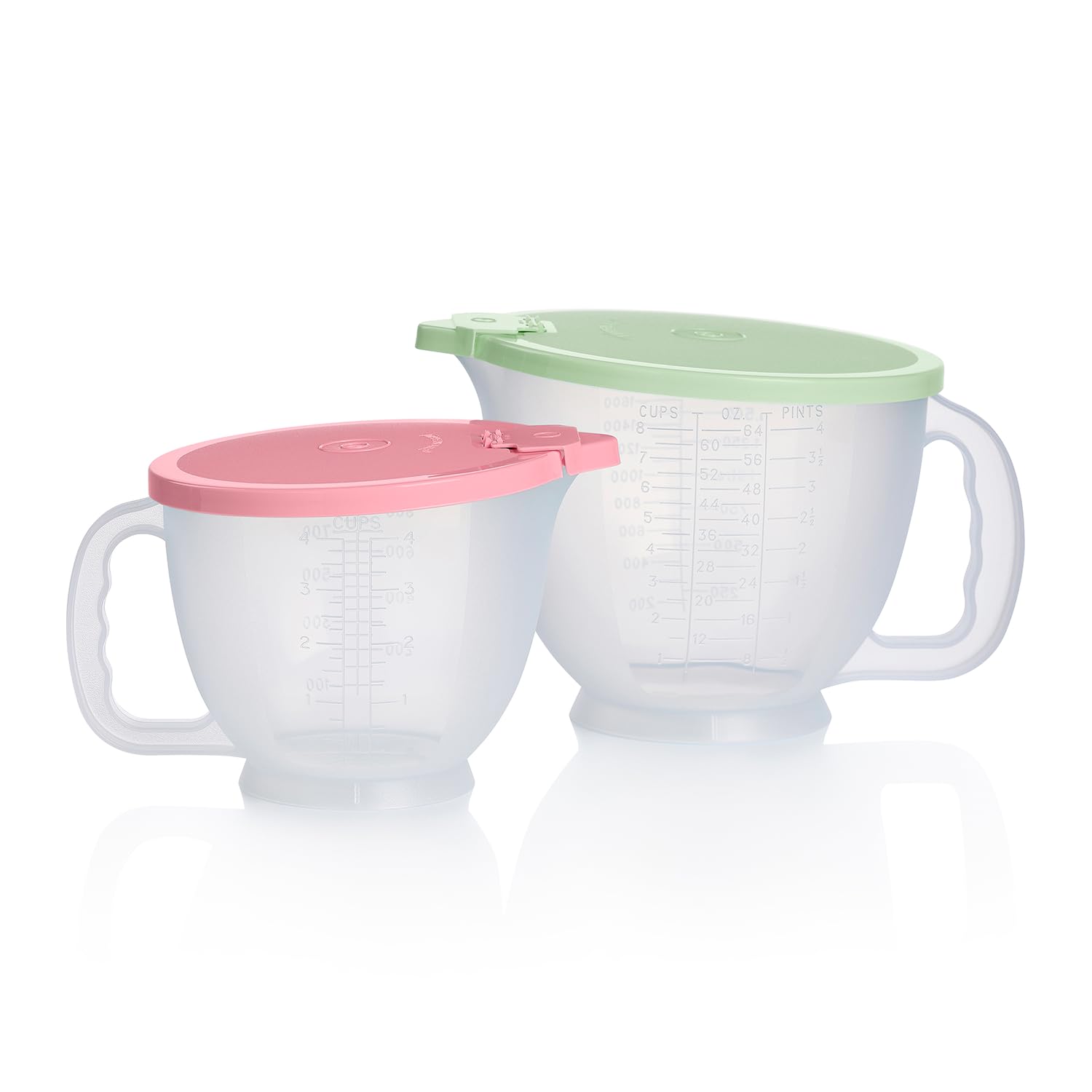 Tupperware front view of pastel pitchers, clear measurement marks for easy prep