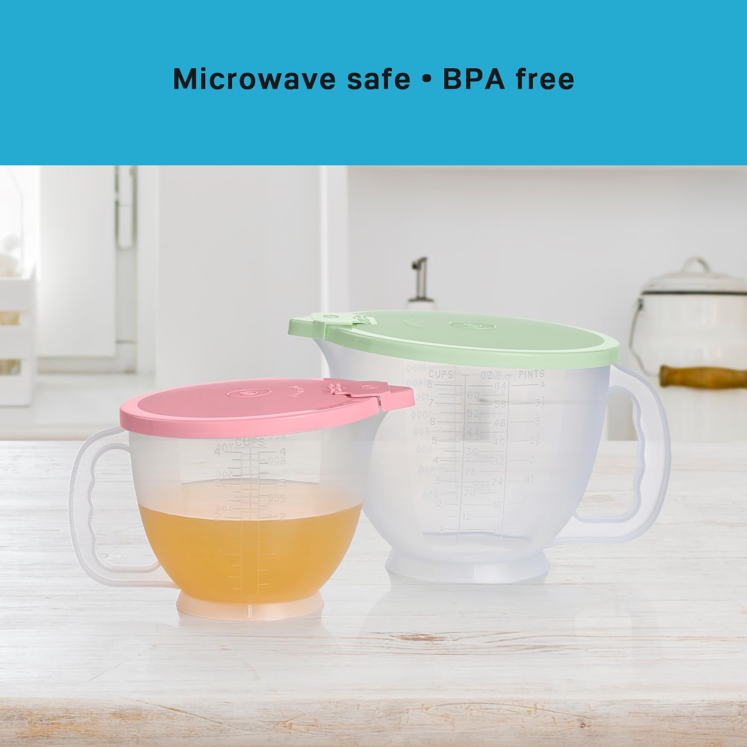 Tupperware pouring batter from pitcher, convenient mixing-to-pan benefit