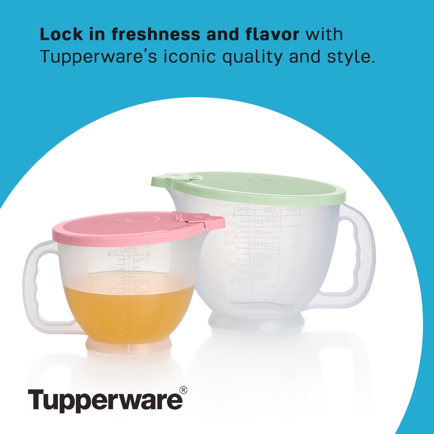 Tupperware pitchers stored in fridge, sealed lids preserving leftovers