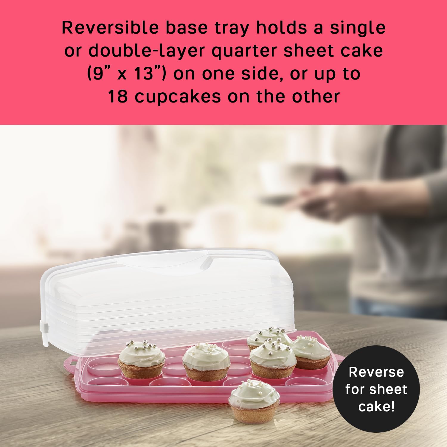 Tupperware holding a quarter-sheet cake showing safe, snug cake placement
