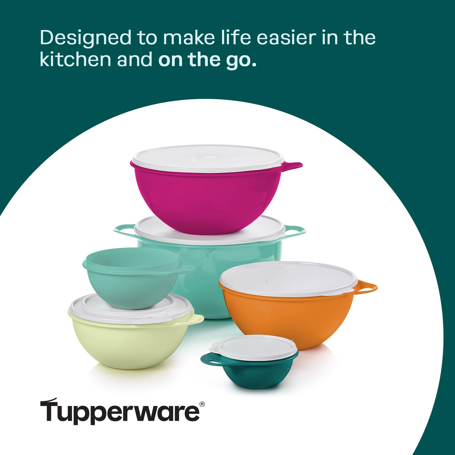 Tupperware Thatsa stacked with lids for scale, compact storage advantage