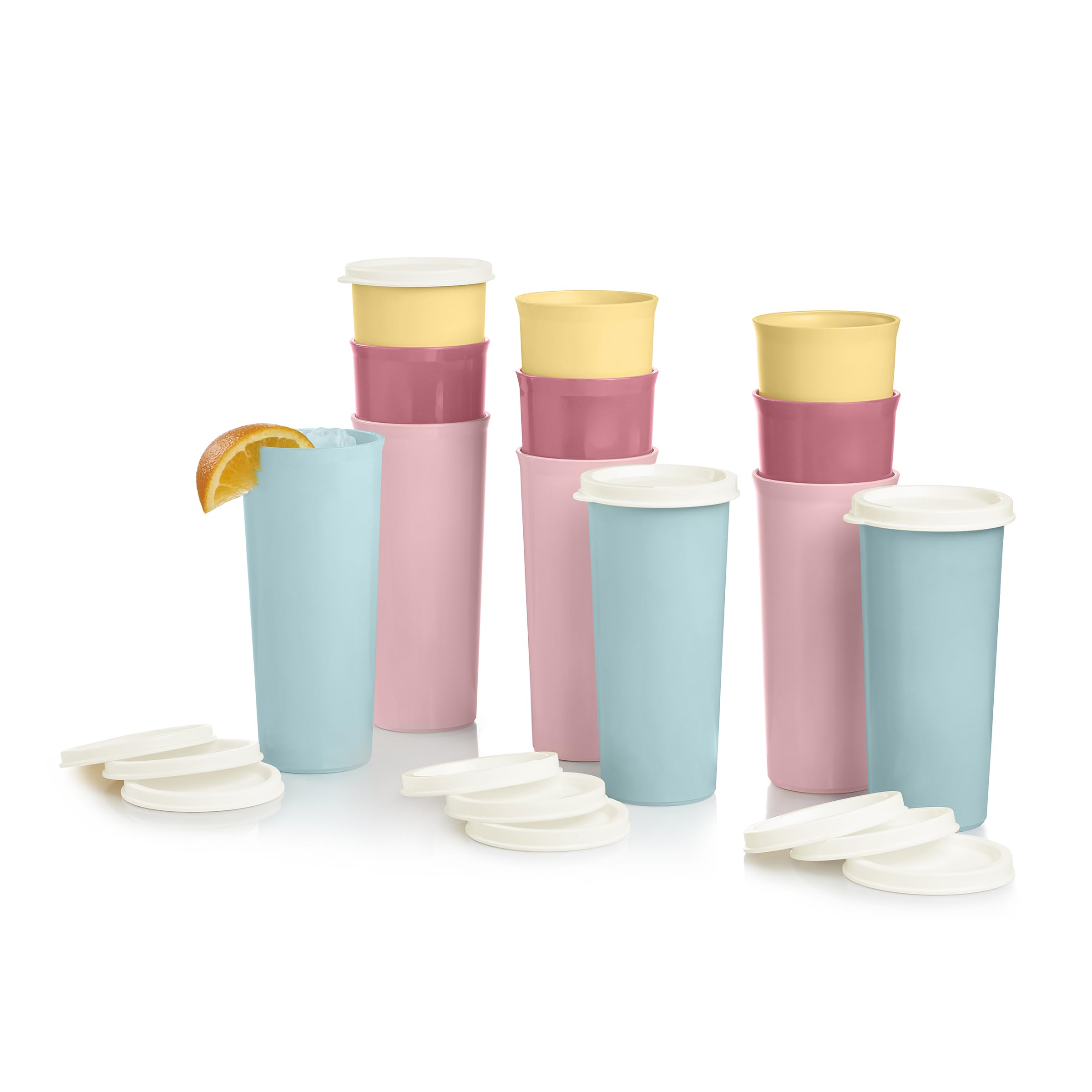 Tupperware front packaging showing 12 colorful tumblers and lids, convenient set