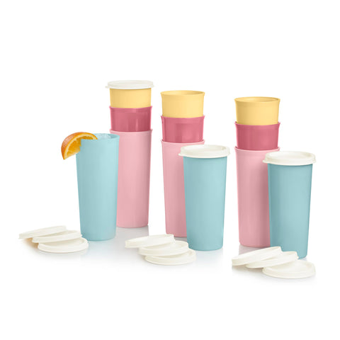 Tupperware front packaging showing 12 colorful tumblers and lids, convenient set