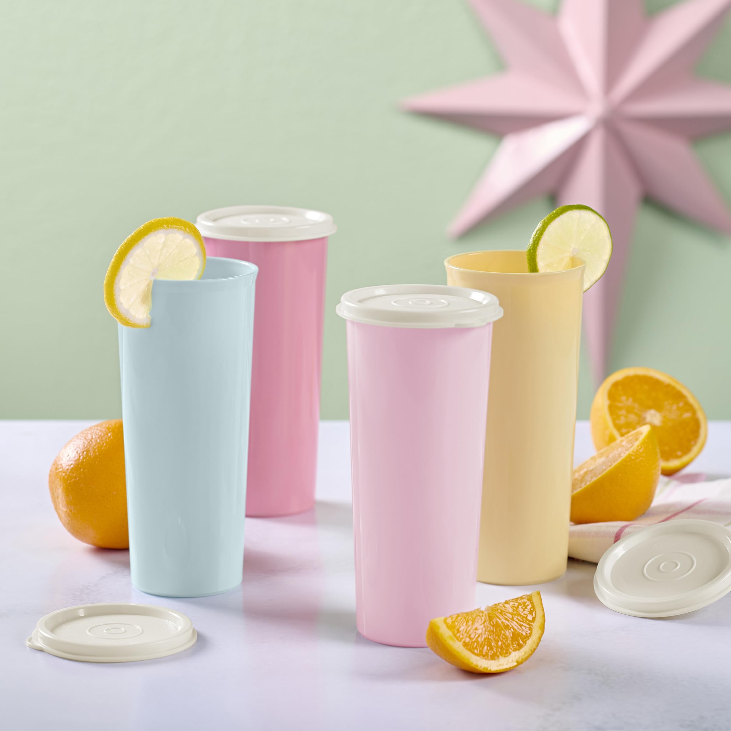 Tupperware tumblers on a picnic table in multicolor setting for casual entertaining