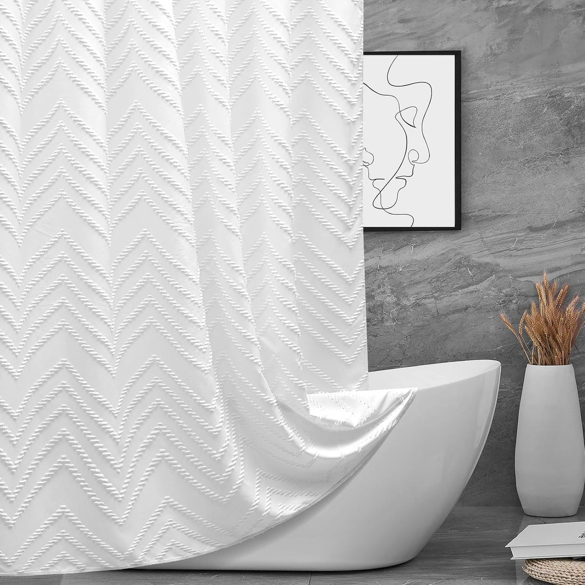 TURKIO front view of white boho shower curtain shows clean design and easy styling