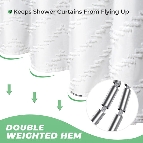 TURKIO curtain beside bathtub for scale showing true 72 by 84 inch fit