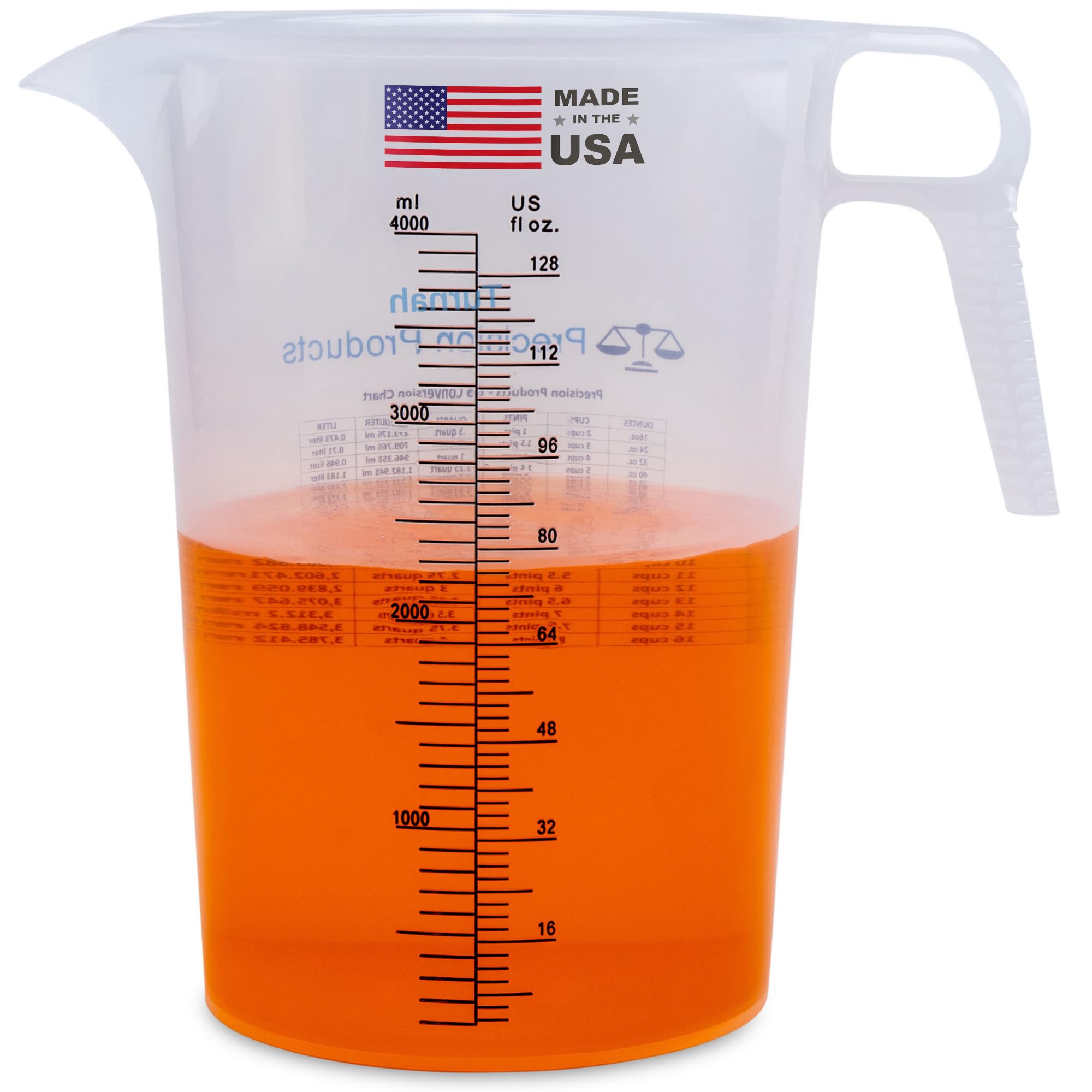 Turnah 128oz pitcher front view showing full capacity and clear graduations, improving accuracy