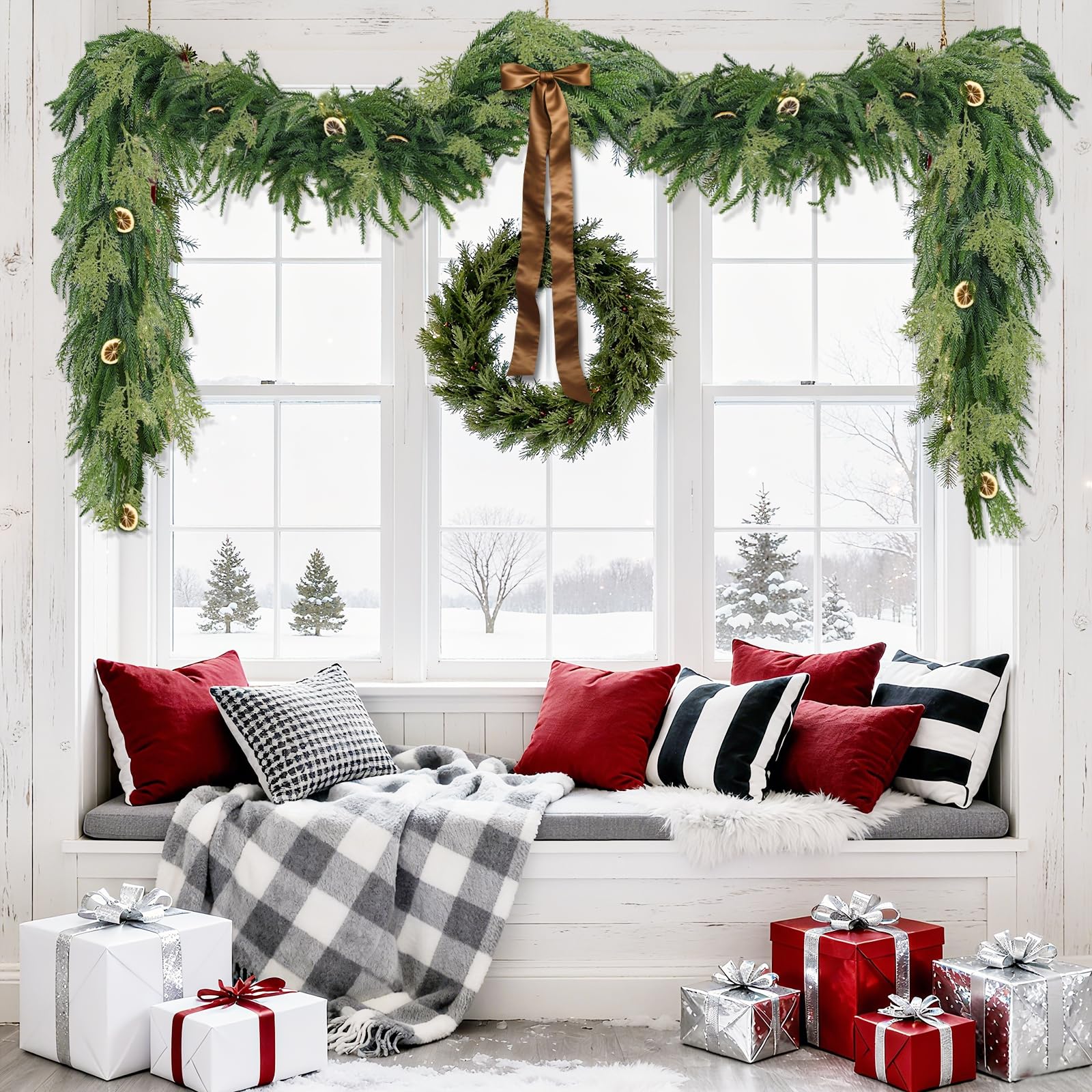 TURNMEON garland decorated with lights and bows offering easy customization