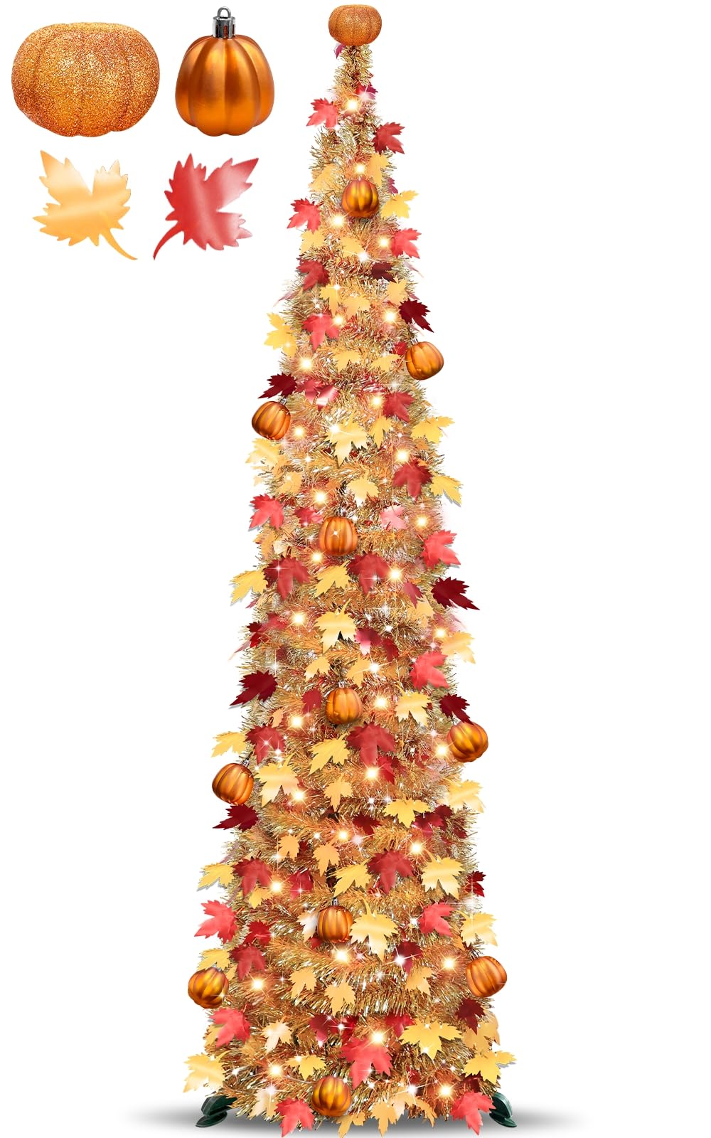 TURNMEON full 5 ft fall tree showing warm lights and pumpkins, adds autumn ambiance