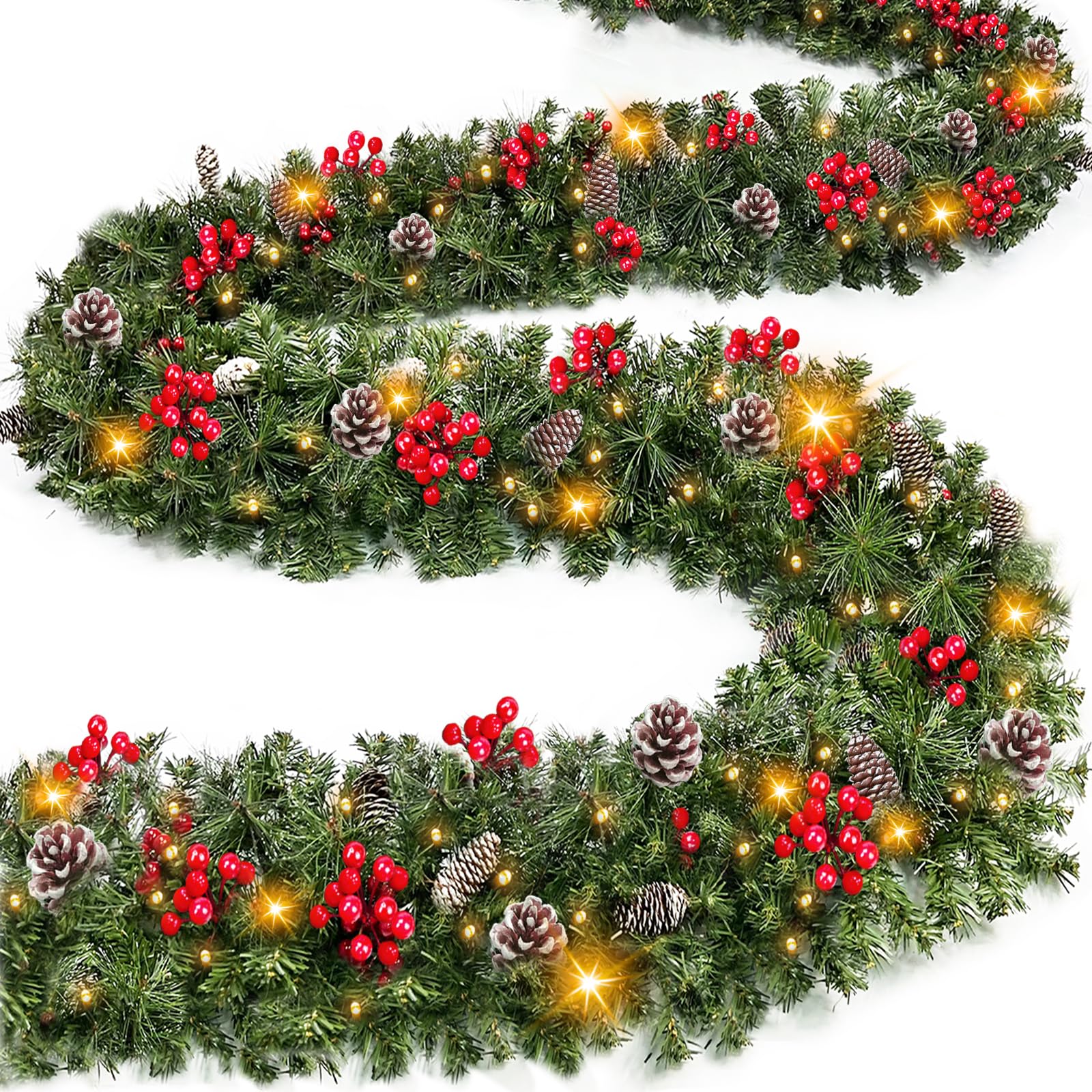 TURNMEON full-length garland front view showing warm white lights and berries