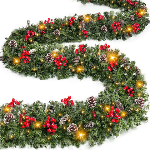 TURNMEON full-length garland front view showing warm white lights and berries