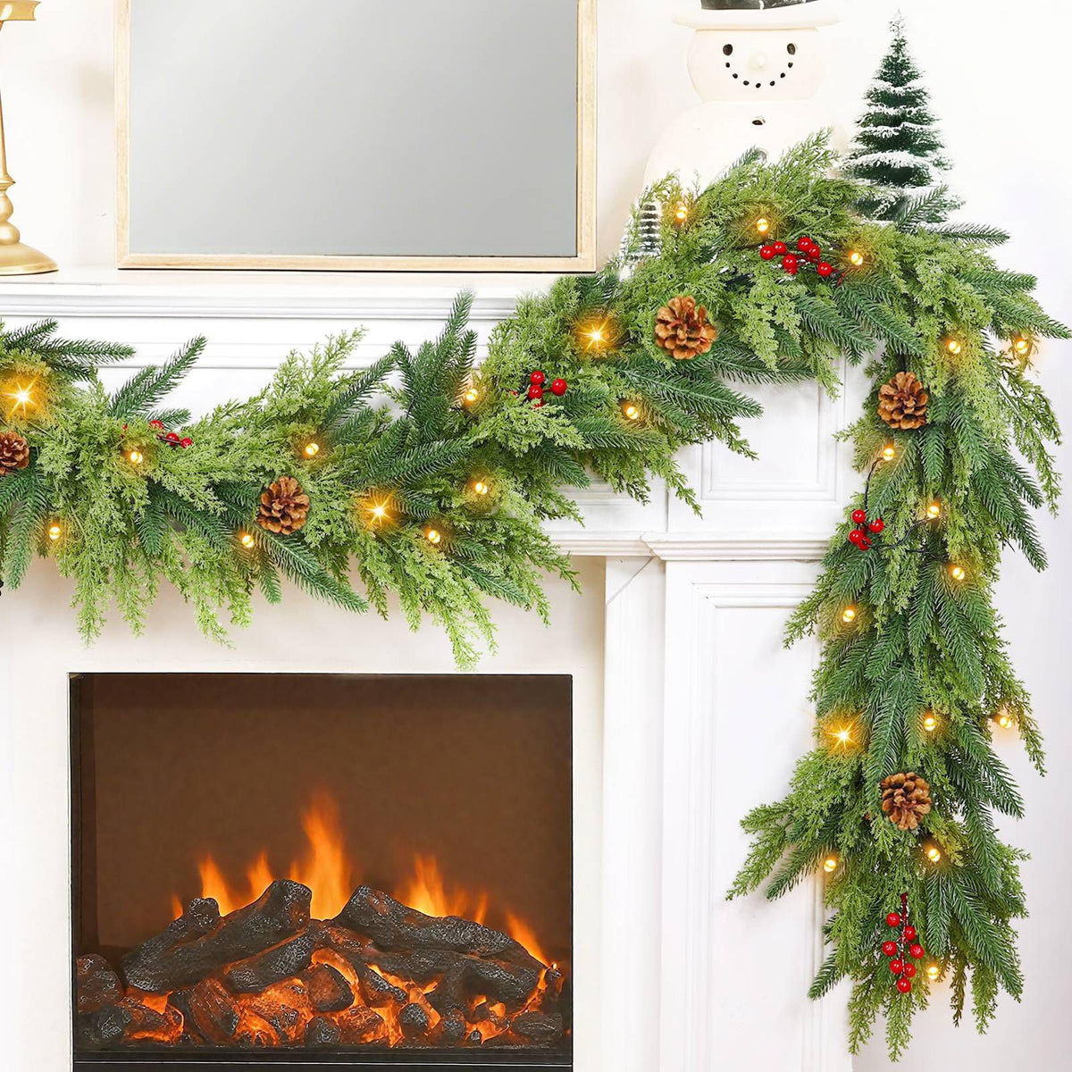 TURNMEON front view of full 6ft garland showing lush cedar and lights for instant decor