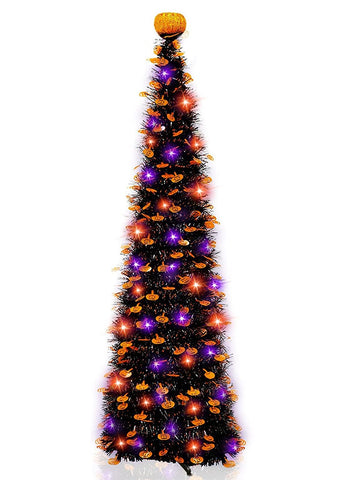 TURNMEON front view of lit 5ft black tinsel tree showing full seasonal display and ambience