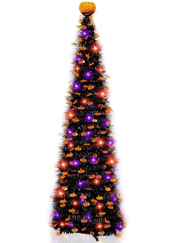 TURNMEON full black tinsel tree front view showing dramatic Halloween look and quick setup