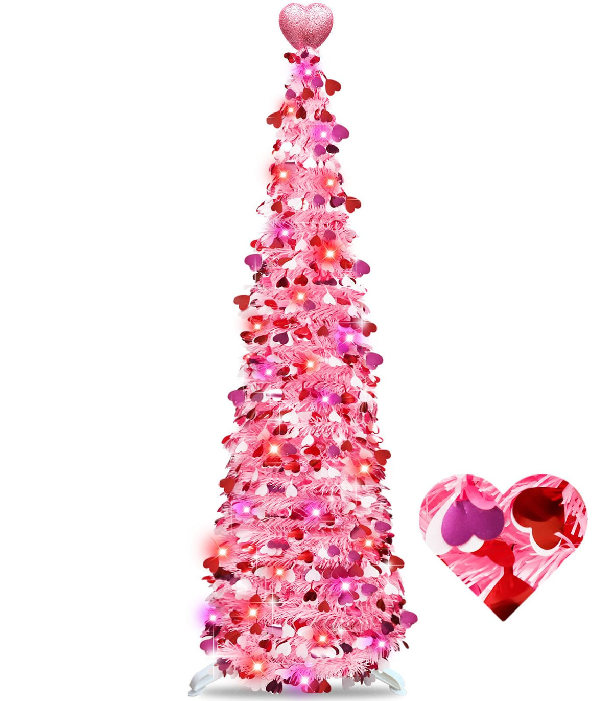 TURNMEON front view of pink tree showing full decorated look and romantic lighting