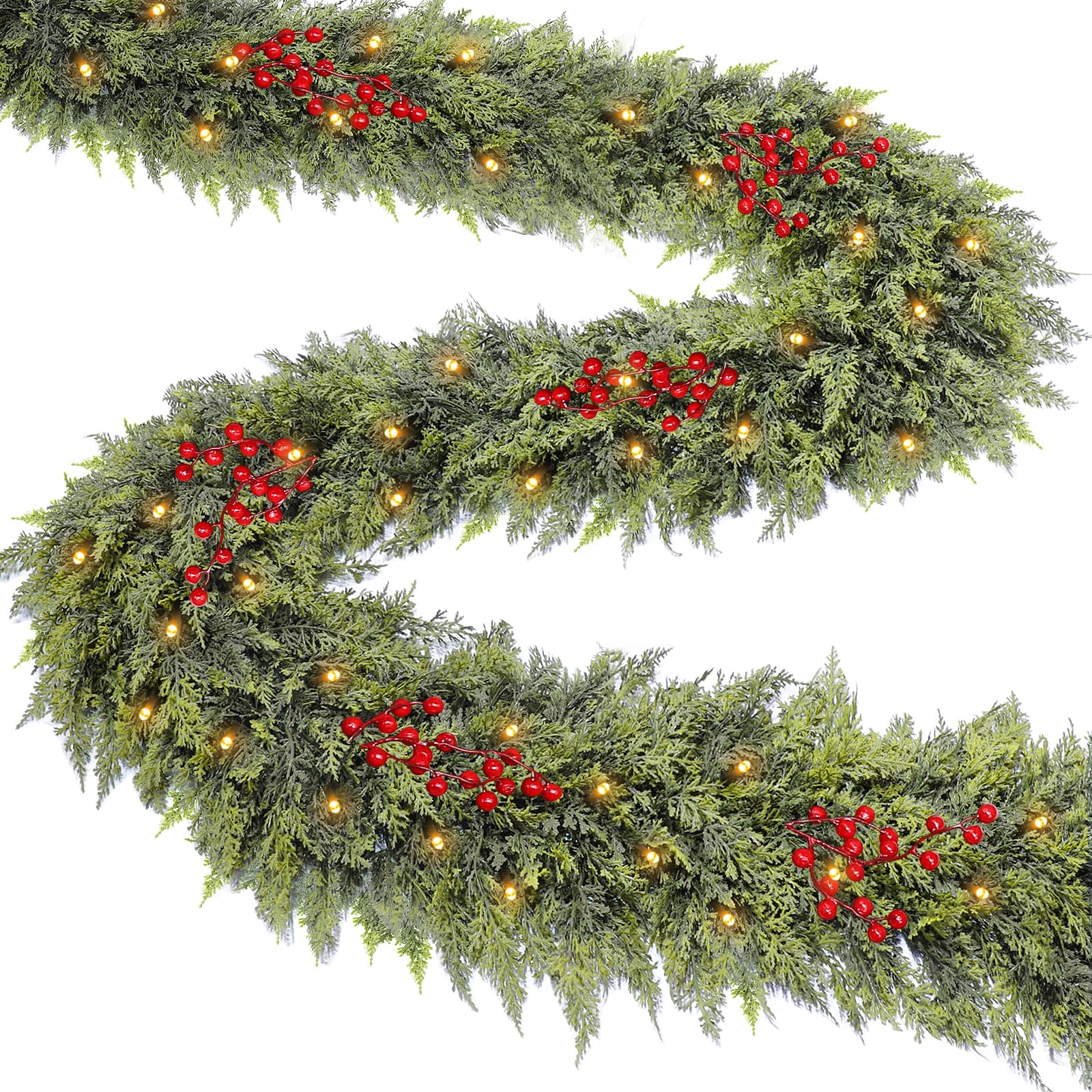 TURNMEON front view prelit garland showing full 9 ft length and lush thickness