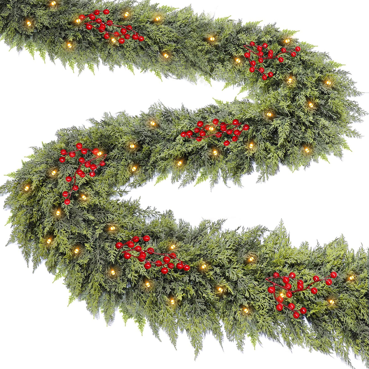 TURNMEON front view prelit garland showing full 9 ft length and lush thickness