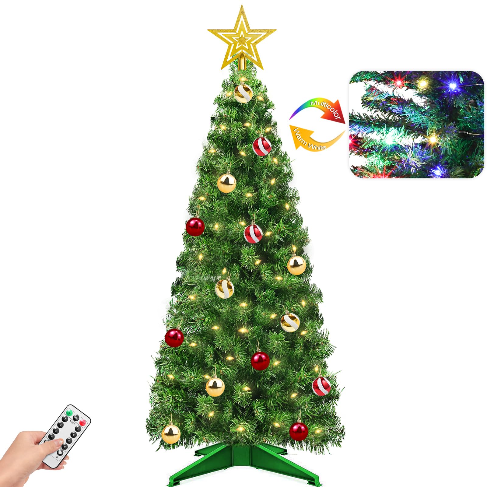 TURNMEON front view of full 4 ft tree showing decorations and compact benefit