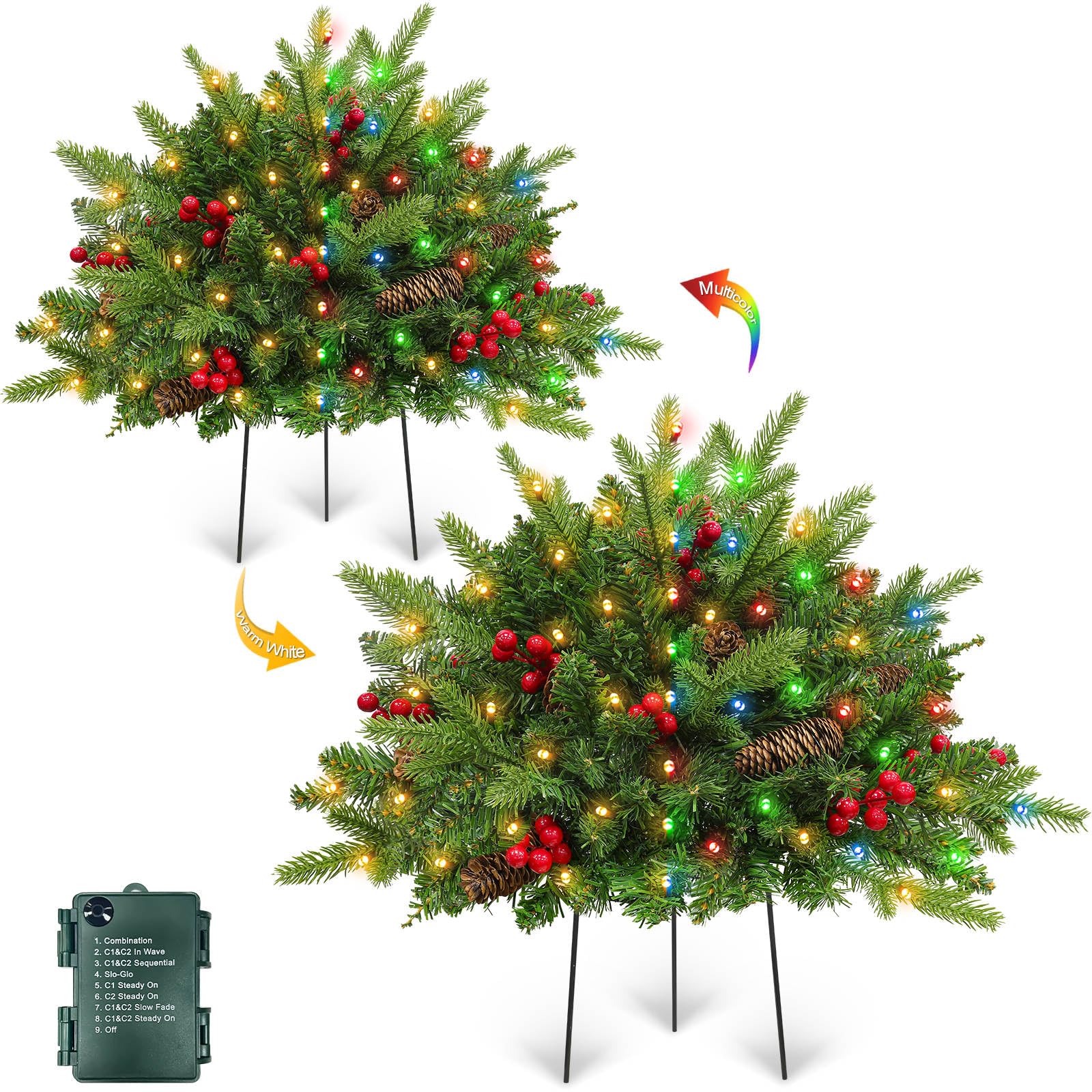 TURNMEON front view of two urn filler trees showing festive curb appeal
