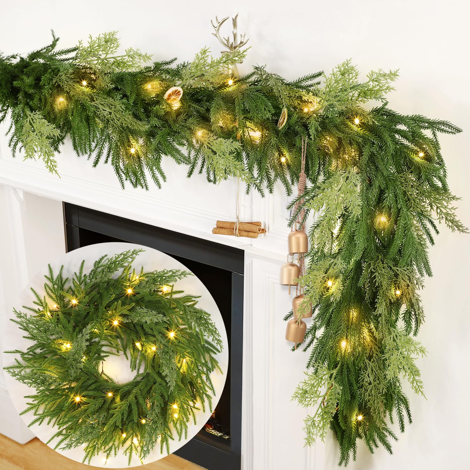TURNMEON garland front view showing full lush pine profile and festive curb appeal