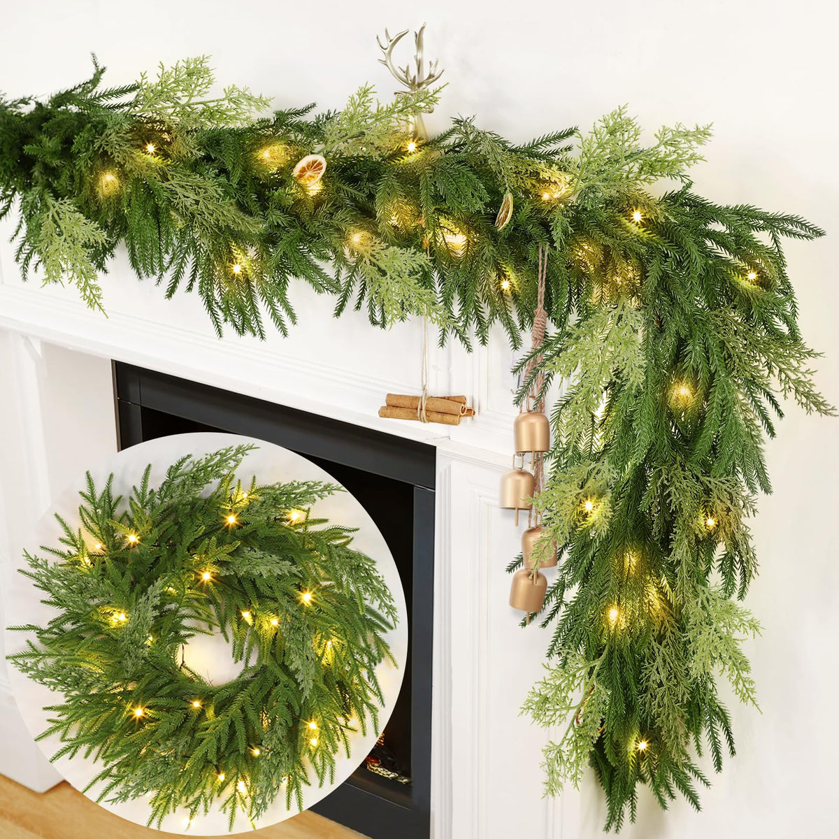 TURNMEON garland front view showing full lush pine profile and festive curb appeal