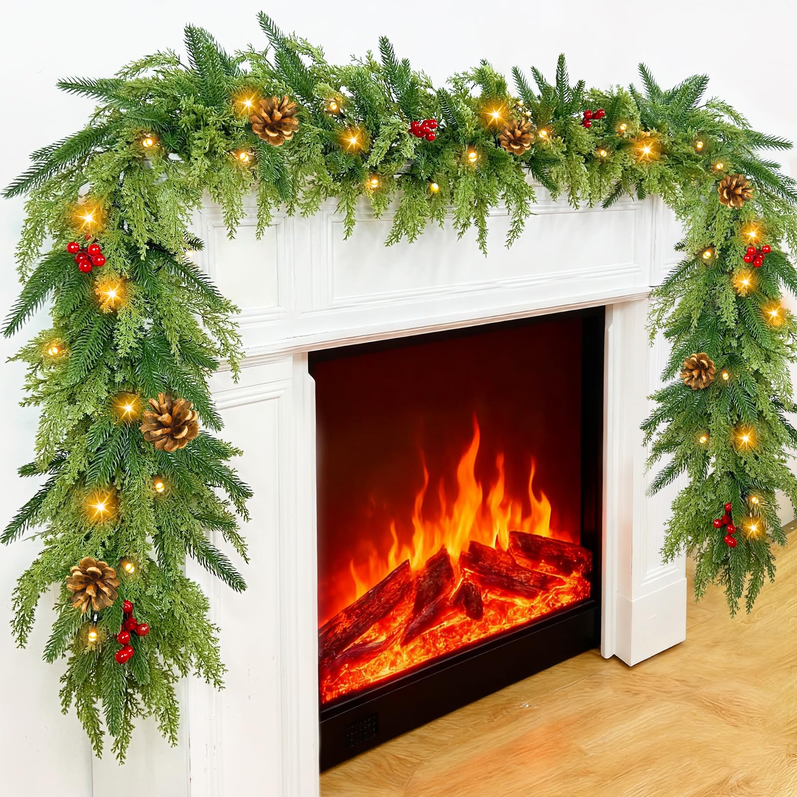 TURNMEON full-length garland on mantel showing festive impact and warm glow