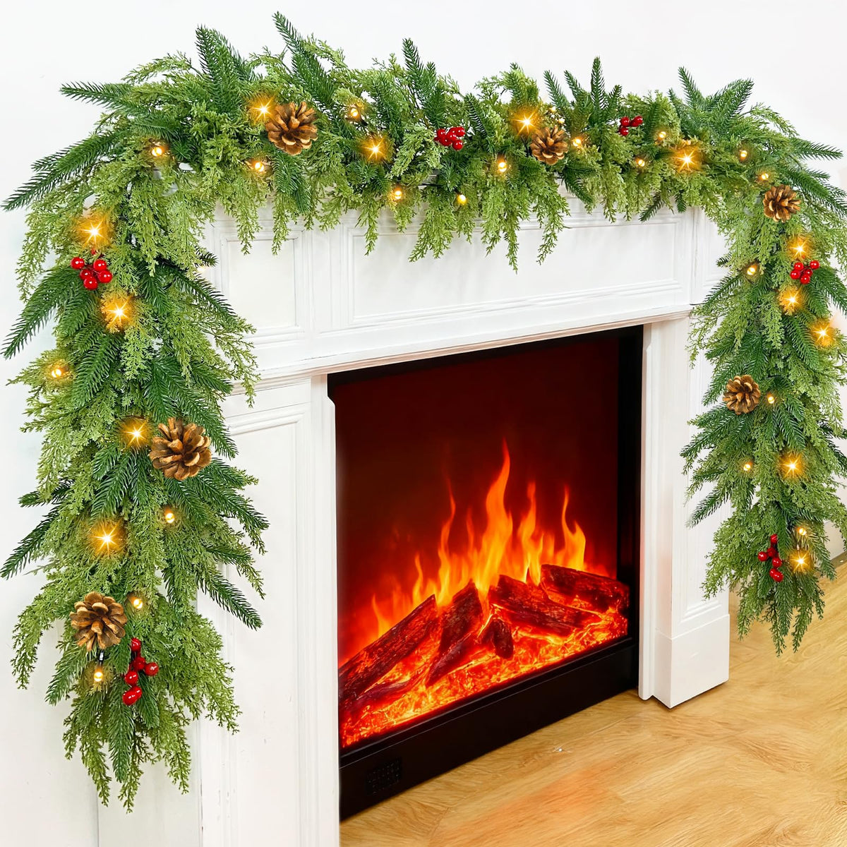 TURNMEON full-length garland on mantel showing festive impact and warm glow