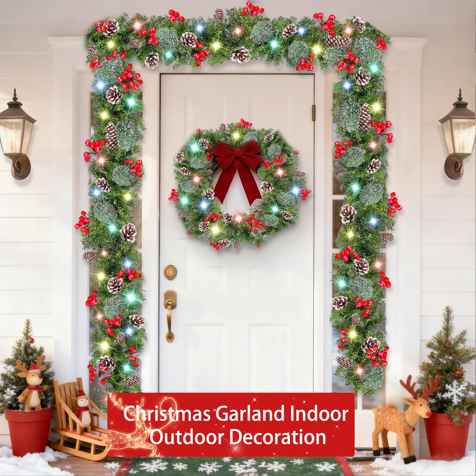 TURNMEON garland lit on mantel creating warm colorful holiday ambiance