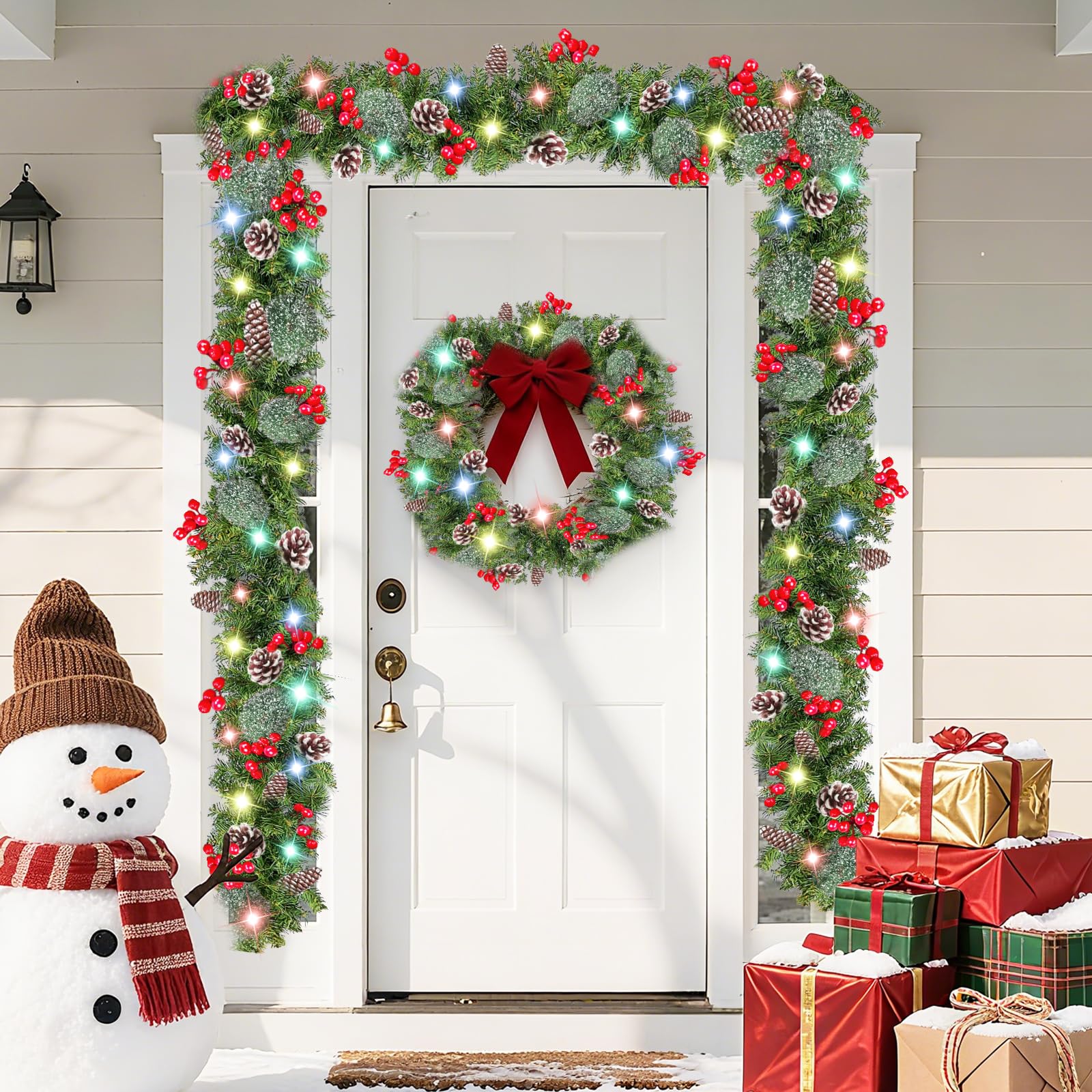 TURNMEON garland lit on a porch at night creating festive, cordless illumination