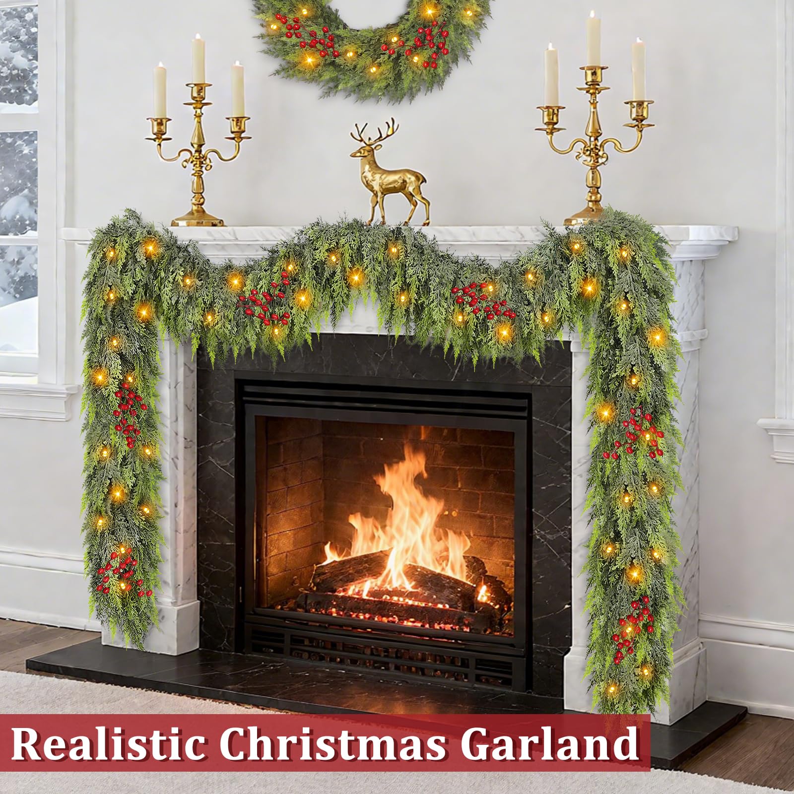 TURNMEON styled on a fireplace mantel creating warm cozy holiday ambiance