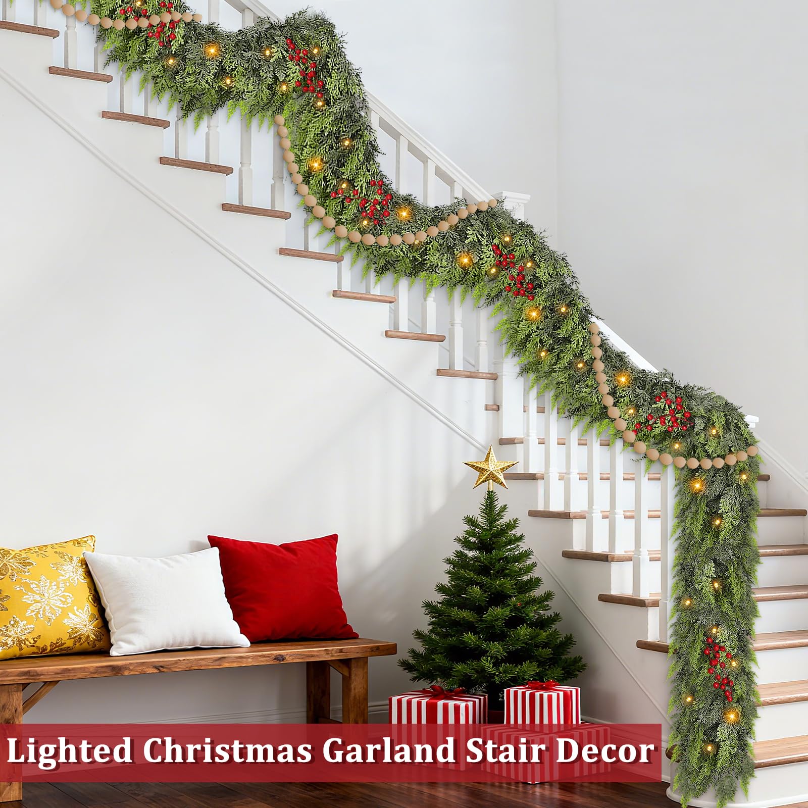 TURNMEON draped along stair rail demonstrating flexible shaping and secure hang