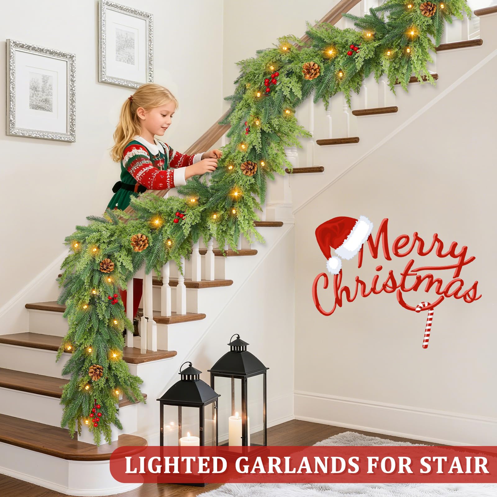 TURNMEON garland draped on stair rail showing length and scale for placement