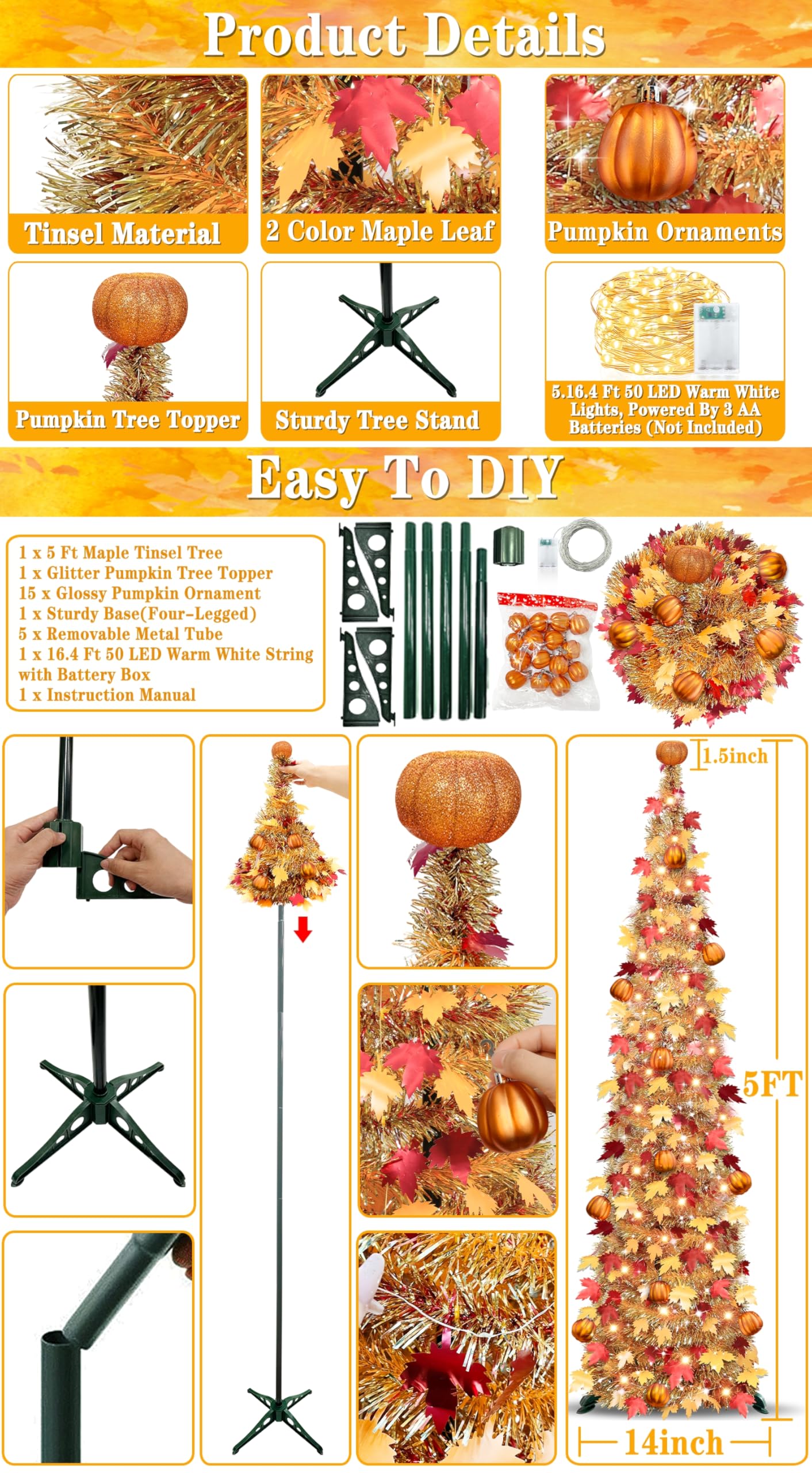TURNMEON glitter pumpkin topper detail, creates focal sparkle for seasonal display