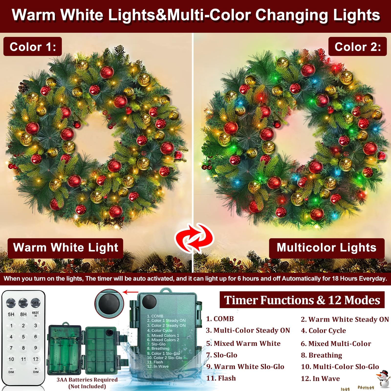 TURNMEON wreath lit at night on door, adds warm inviting glow