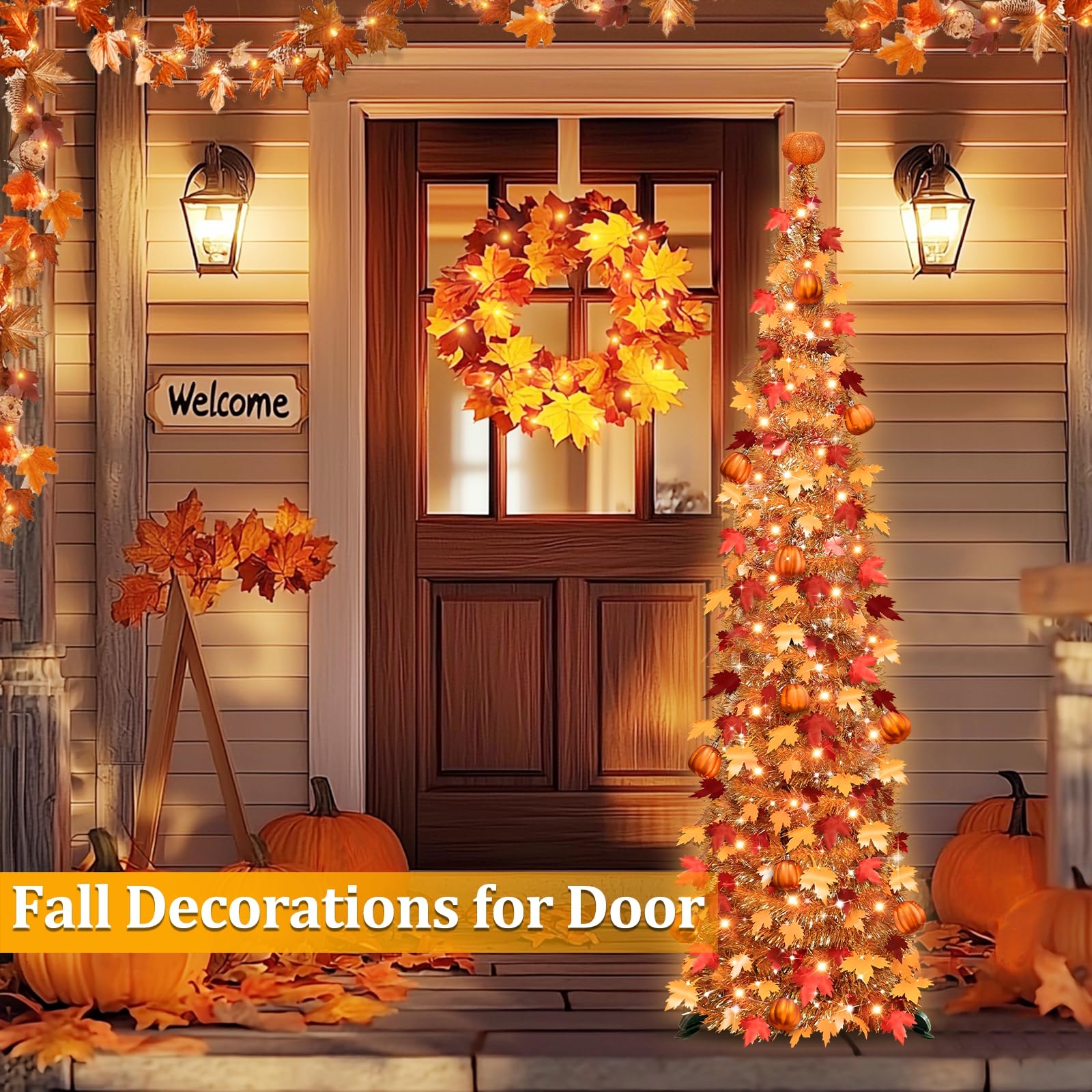 TURNMEON fall tree on mantel with decor, enhances seasonal styling and ambiance